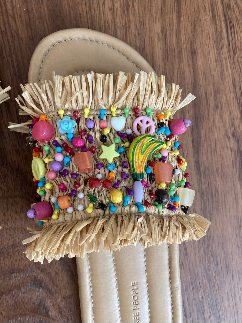 Free People Beige Raffia Slide Sandals with Multicolor Bead Embellishments - Picture 5 of 9